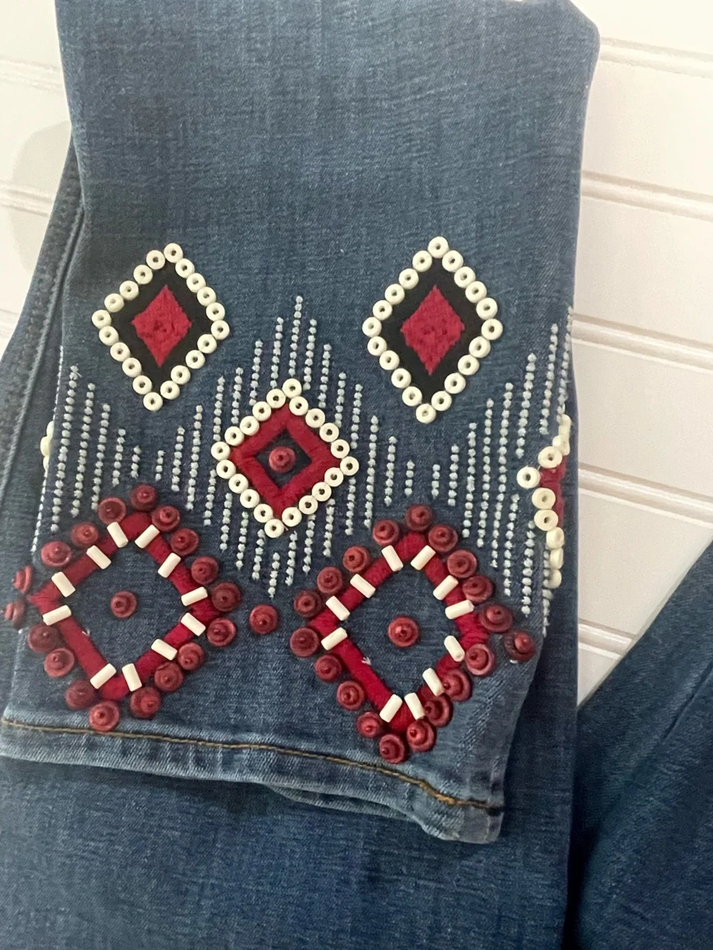 TORY BURCH blue mia red beaded embroidered jeans | SIZE 26